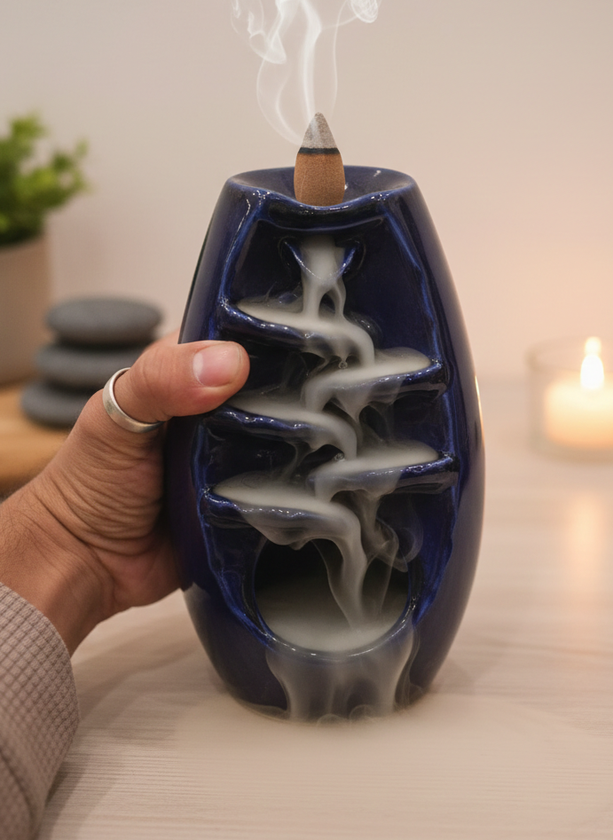 Deep Blue Ceramic Backflow Incense Burner – Tranquil Waterfall