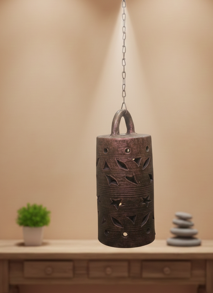 Handcrafted Terracotta Hanging Lantern – Star & Leaf Pattern