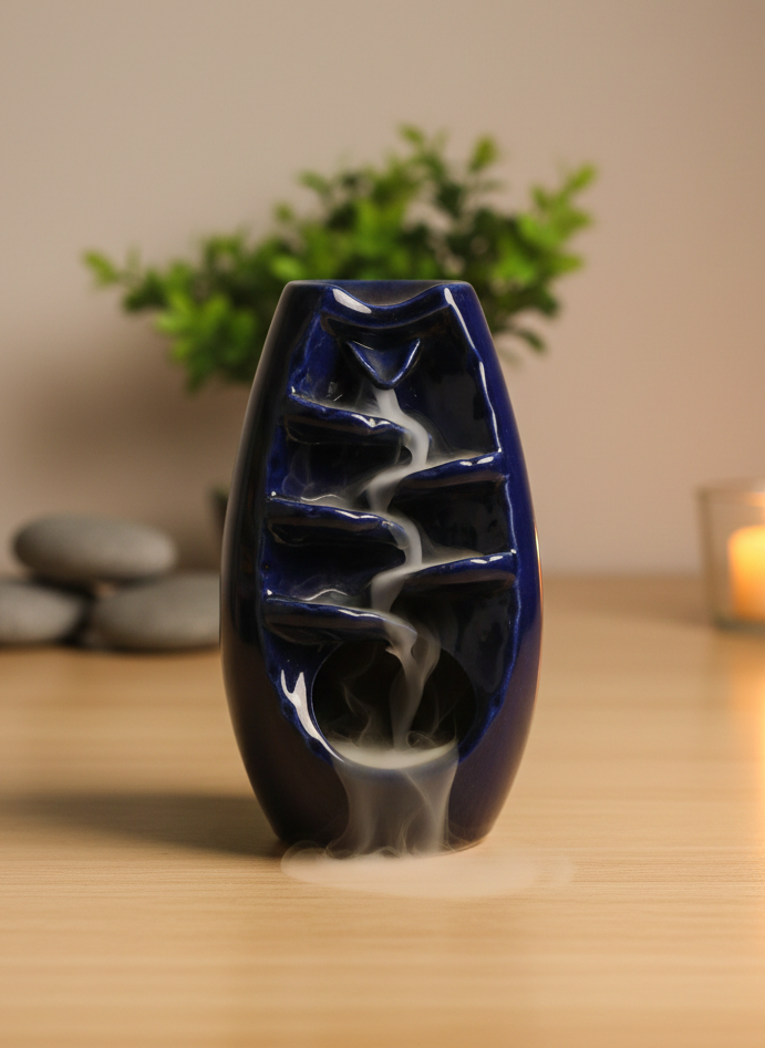 Deep Blue Ceramic Backflow Incense Burner – Tranquil Waterfall